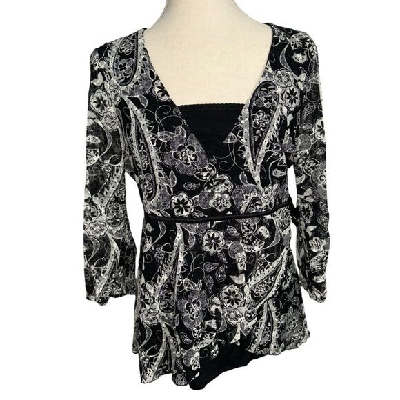 Style & Co Black and White Lace V Neck 3/3 quarter sleeve floral blouse size XL - Picture 2 of 10
